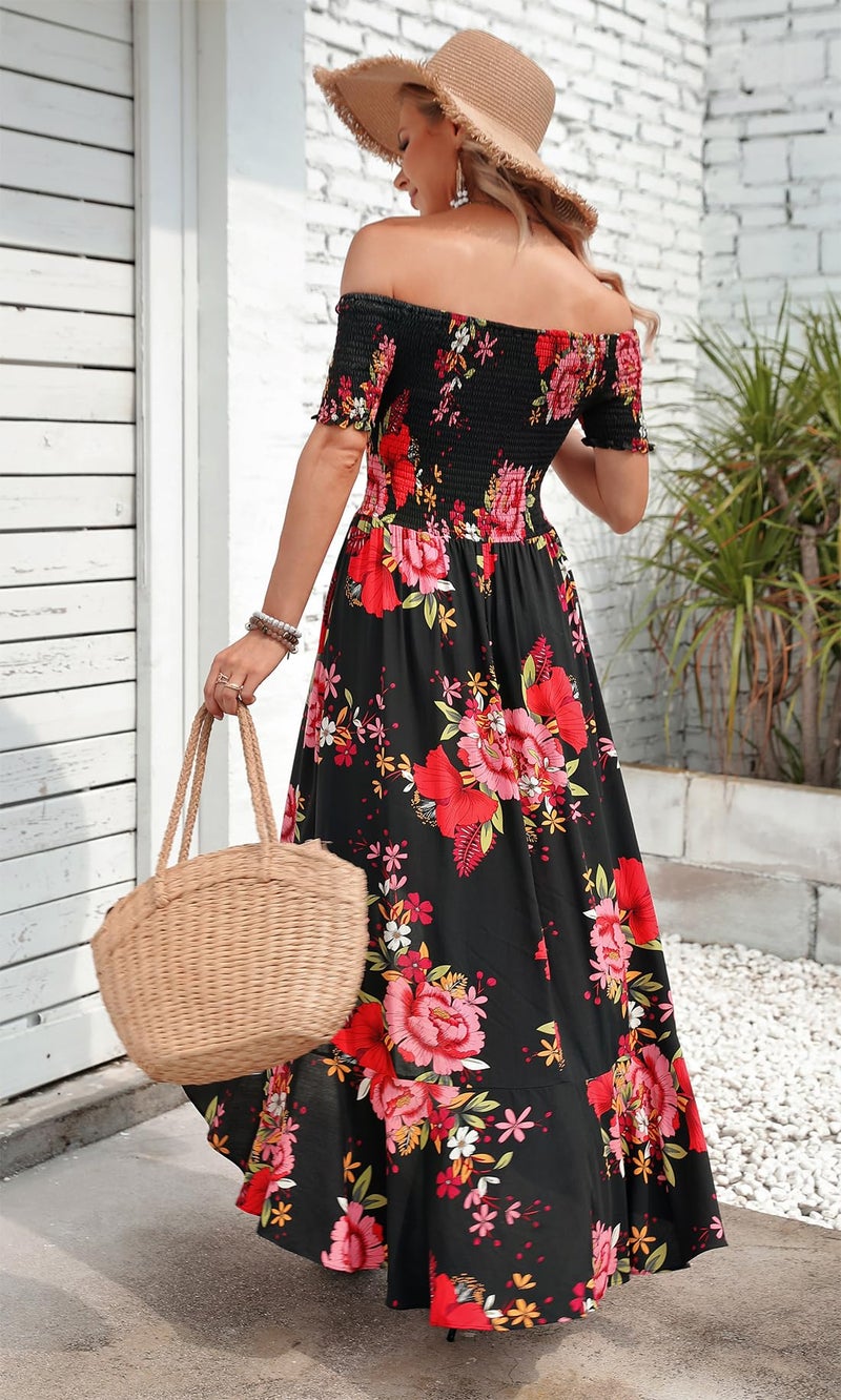Kormei Women Short Sleeve Off Shoulder Floral High Low Flowy Summer Party Long Maxi Dress M Black&Red - Image 5